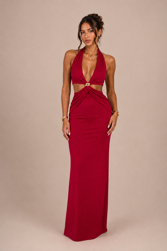 Alicia - Robe longue dos-nu à découpes et bijou doré
